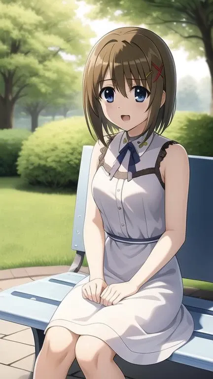 yagami hayate,1girl,
open mouth,
sundress, white dress, outdoors, park, park bench,
<lora:nanoha-strikers-yagami-hayate:0.8>