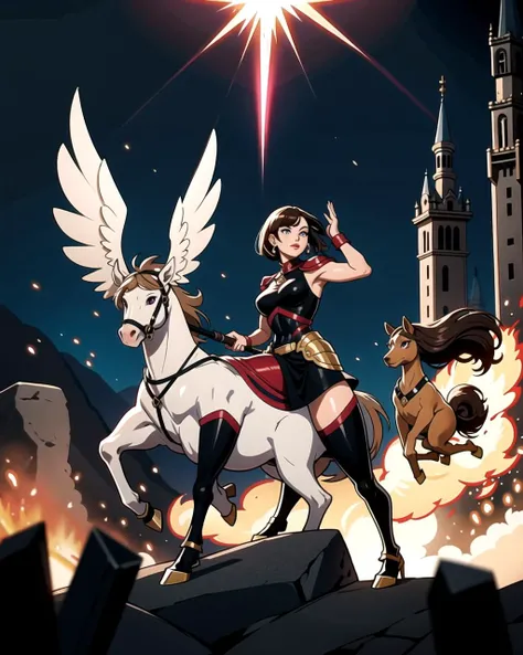 ((masterpiece), best quality, high quality, professional quality, highly detailed, highres, perfect lighting, natural lighting), Knight Charging into battle on horseback, wielding a lance and clad in heavy armor, Knight, Average Height, Fit, Diamond-Shaped Face, Fair Skin, Light Brown Hair, purple Eyes, [[Curved Nose]], Thick Lips, Receding Chin, Van Dyke, Bald, Side Part, A sprawling castle, perched high on a rocky cliff overlooking the sea,A composition that celebrates the beauty of chaos, with spontaneous marks and gestural expressions, Amethyst, Dazzling luster that sparkles brilliantly in the light, A crystalized specimen with a unique and rare formation, showcasing the wonders of mineralogy, The explosion shatters the tranquility, unleashing a fiery burst of energy and chaos, Bedecked, Short, Lean, Round Face, Tan Skin, Brunette Hair, Hazel Eyes, Short Nose, Thick Lips, Sharp Chin, Shoulder-Length Hair, Curly Hair, Half Up Half Down, natural breasts, Cuff earrings, grape sheer lipstick,appalling, sinister gargoyle, Dark Skin, Brunette with side-swept bangs and a layered bob cut, fuchsia sheer lipstick, A shadowy figure standing at the end of a long, empty corridor, griffin, sphinx, pegasus