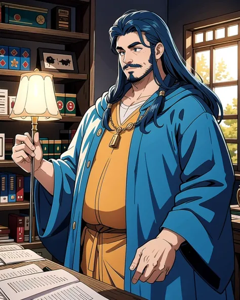 ((masterpiece), best quality, high quality, professional quality, highly detailed, highres, perfect lighting, natural lighting), (1boy, overweight, handsome, facial hair, long hair, blue hair), wearing wizard robes, casting a spell, in a fantasy town