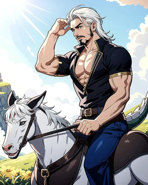 ((masterpiece), best quality, high quality, professional quality, highly detailed, highres, perfect lighting, natural lighting), (1boy, muscular, handsome, goatee, medium length hair, white hair), wearing fantasy clothing, riding a dragon, outdoors