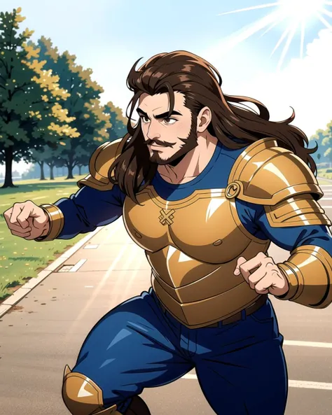 ((masterpiece), best quality, high quality, professional quality, highly detailed, highres, perfect lighting, natural lighting), (1boy, overweight, handsome, facial hair, long hair, brown hair), wearing armor, running, outdoors