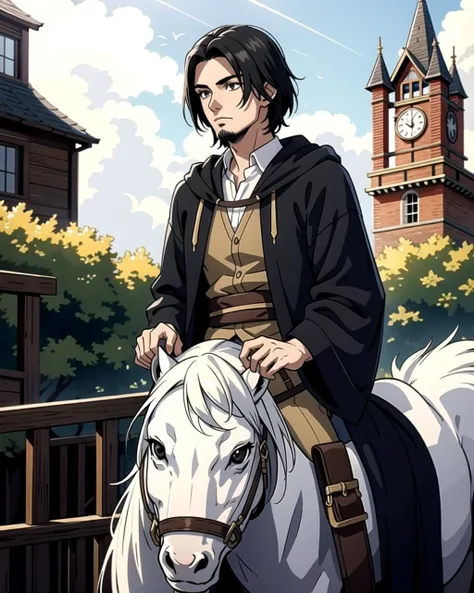 ((masterpiece), best quality, high quality, professional quality, highly detailed, highres, perfect lighting, natural lighting), (1boy, slender, handsome, no facial hair, medium length hair, black hair), wearing wizard robes, riding a horse, in a fantasy town