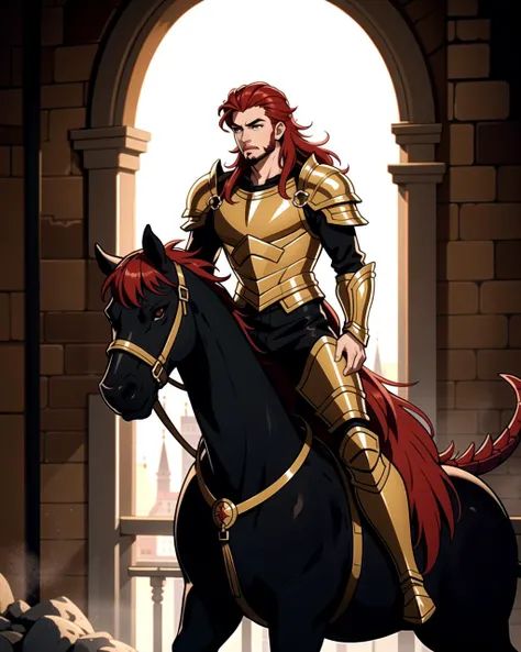 ((masterpiece), best quality, high quality, professional quality, highly detailed, highres, perfect lighting, natural lighting), (1boy, slender, handsome, goatee, long hair, red hair), wearing armor, riding a dragon, in a castle