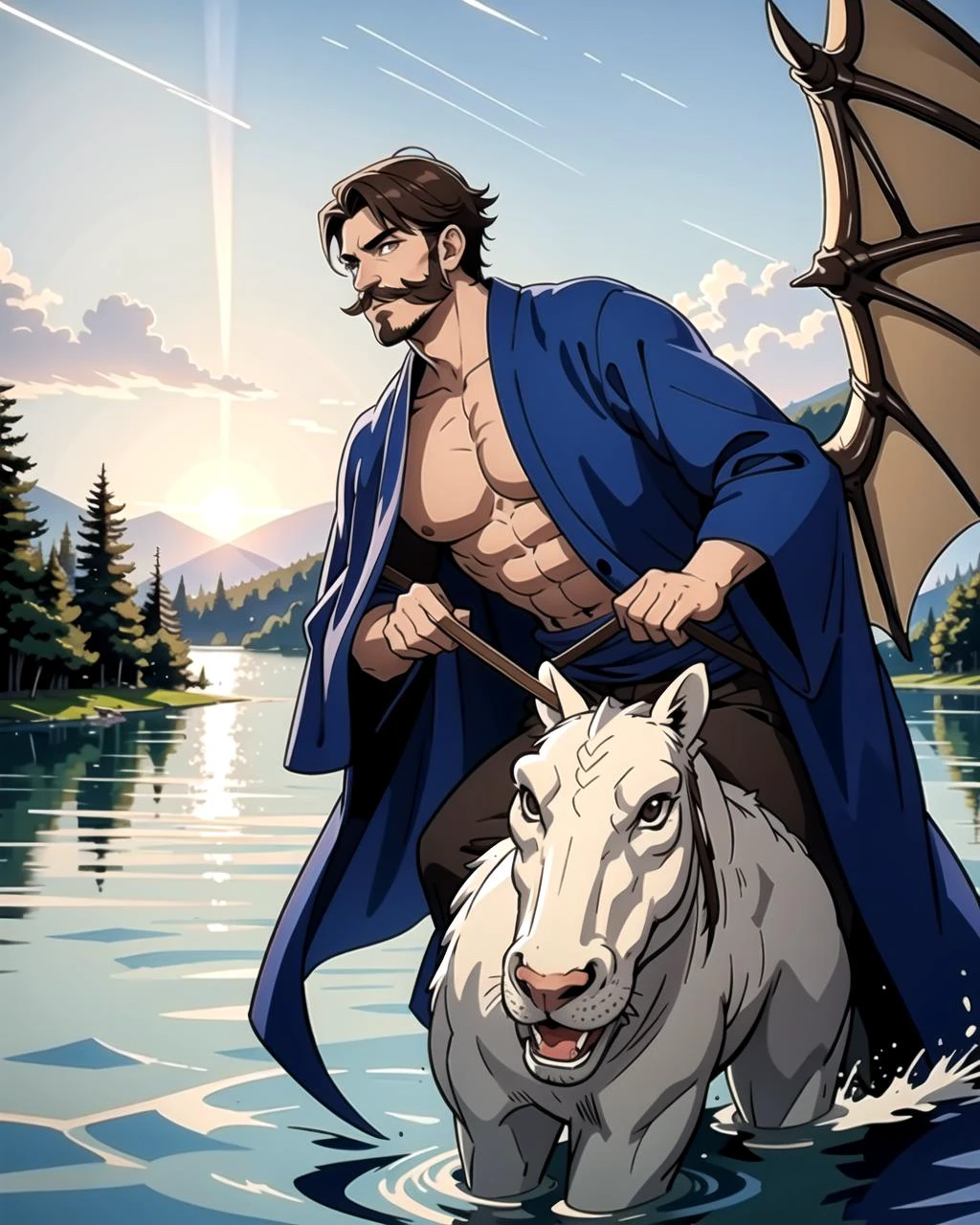 ((masterpiece), best quality, high quality, professional quality, highly detailed, highres, perfect lighting, natural lighting), (1boy, muscular, handsome, mustache, short hair, brown hair), wearing wizard robes, riding a dragon, by a lake