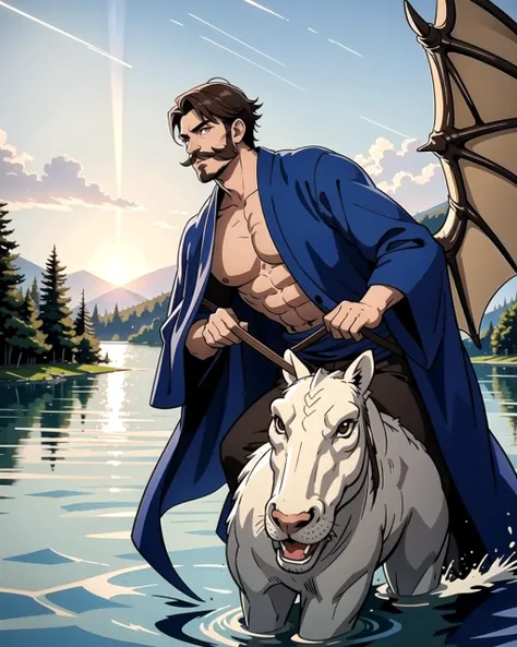((masterpiece), best quality, high quality, professional quality, highly detailed, highres, perfect lighting, natural lighting), (1boy, muscular, handsome, mustache, short hair, brown hair), wearing wizard robes, riding a dragon, by a lake