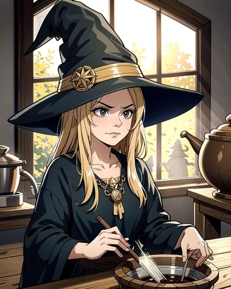 ((masterpiece), best quality, high quality, professional quality, highly detailed, highres, perfect lighting, natural lighting), ugly witch, wearing witches robes, laughingfrowning}, brewing over a cauldron