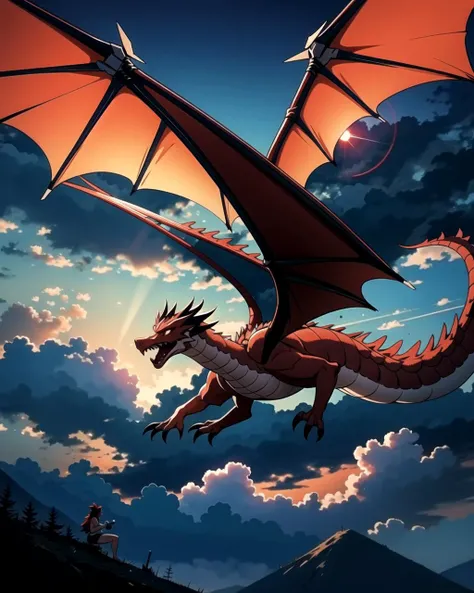 ((masterpiece), best quality, high quality, professional quality, highly detailed, highres, perfect lighting, natural lighting), red dragon, flying in sky, clouds, night