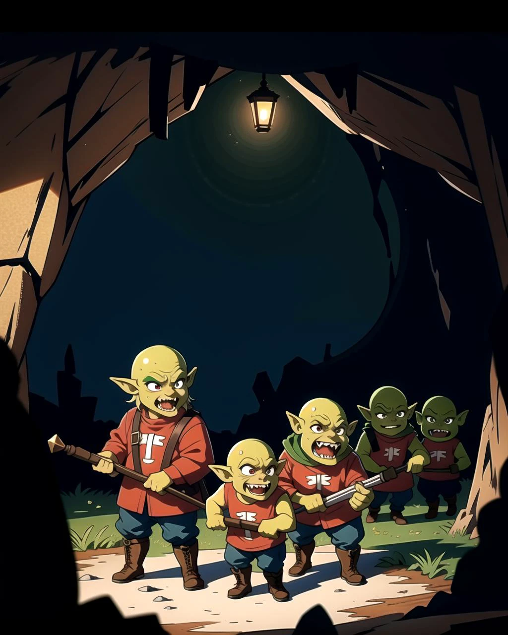 ((masterpiece), best quality, high quality, professional quality, highly detailed, highres, perfect lighting, natural lighting), goblin army, marching, dark cave, weapons drawn, ugly faces, long fangs, wearing ragged clothing, gross, disgusting
