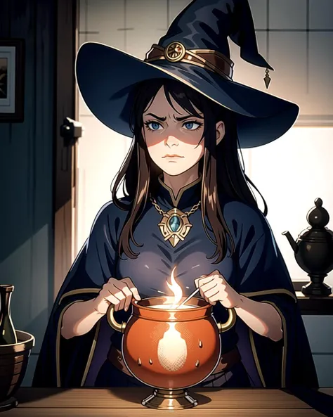 ((masterpiece), best quality, high quality, professional quality, highly detailed, highres, perfect lighting, natural lighting), majestic witch, wearing damaged fantasy clothing, laughingfrowning}, brewing over a cauldron