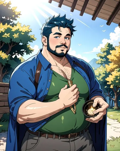 ((masterpiece), best quality, high quality, professional quality, highly detailed, highres, perfect lighting, natural lighting), (1boy, overweight, handsome, no facial hair, short hair, blue hair), wearing fantasy clothing, casting a spell, outdoors