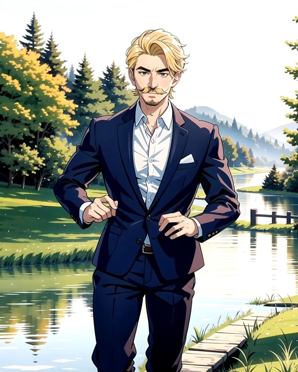 ((masterpiece), best quality, high quality, professional quality, highly detailed, highres, perfect lighting, natural lighting), (1boy, slender, handsome, mustache, short hair, blonde hair), wearing fantasy clothing, running, by a lake