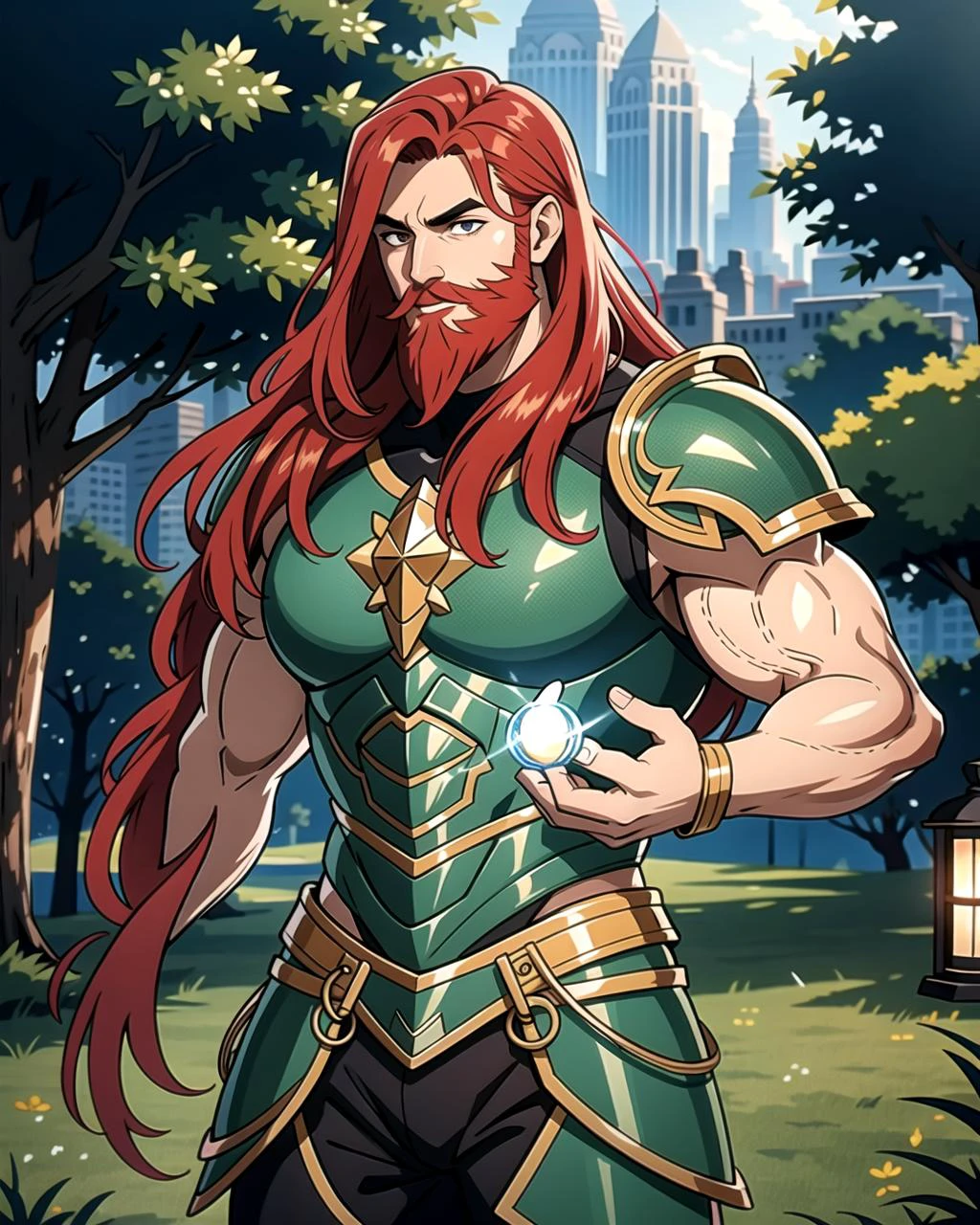 ((masterpiece), best quality, high quality, professional quality, highly detailed, highres, perfect lighting, natural lighting), (1boy, muscular, handsome, long beard, long hair, red hair), wearing armor, casting a spell, outdoors