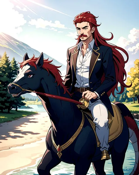 ((masterpiece), best quality, high quality, professional quality, highly detailed, highres, perfect lighting, natural lighting), (1boy, slender, handsome, mustache, long hair, red hair), wearing fantasy clothing, riding a dragon, by a lake