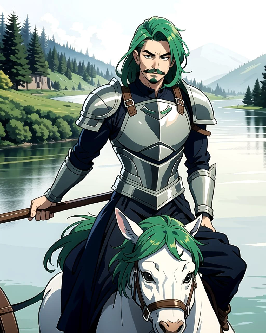 ((masterpiece), best quality, high quality, professional quality, highly detailed, highres, perfect lighting, natural lighting), (1boy, slender, handsome, mustache, medium length hair, green hair), wearing armor, riding a horse, by a lake