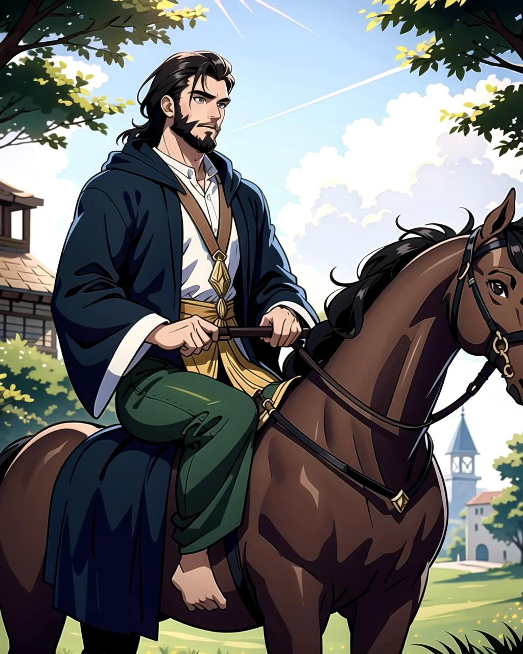 ((masterpiece), best quality, high quality, professional quality, highly detailed, highres, perfect lighting, natural lighting), (1boy, muscular, handsome, long beard, short hair, black hair), wearing wizard robes, riding a horse, in a fantasy town