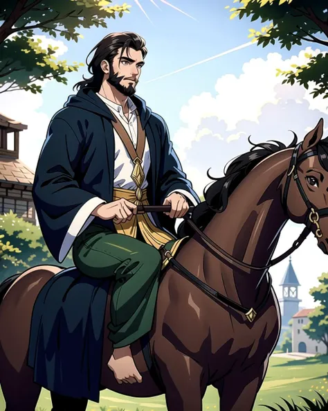 ((masterpiece), best quality, high quality, professional quality, highly detailed, highres, perfect lighting, natural lighting), (1boy, muscular, handsome, long beard, short hair, black hair), wearing wizard robes, riding a horse, in a fantasy town