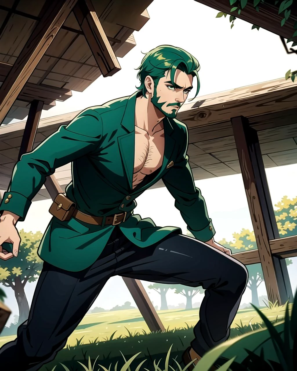 ((masterpiece), best quality, high quality, professional quality, highly detailed, highres, perfect lighting, natural lighting), (1boy, slender, handsome, facial hair, medium length hair, green hair), wearing fantasy clothing, fighting, on a battlefield