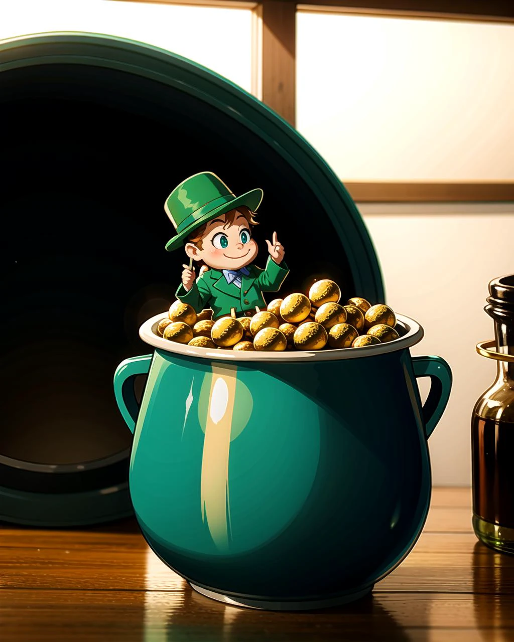 ((masterpiece), best quality, high quality, professional quality, highly detailed, highres, perfect lighting, natural lighting), leprechaun, hopping, on rainbow, holding pot of gold