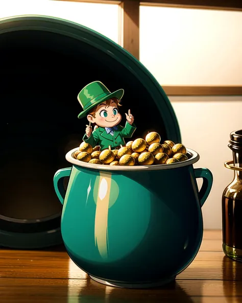 ((masterpiece), best quality, high quality, professional quality, highly detailed, highres, perfect lighting, natural lighting), leprechaun, hopping, on rainbow, holding pot of gold