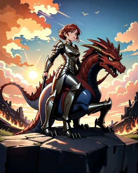 ((masterpiece), best quality, high quality, professional quality, highly detailed, highres, perfect lighting, natural lighting), yellow dragon, (1girl, wearing armor, sitting on dragon, dragon rider, holding weapon), flying, flames, magic, clouds, sun in background