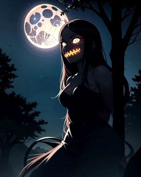 ((masterpiece), best quality, high quality, professional quality, highly detailed, highres, perfect lighting, natural lighting), giant spider, weaving web, between two trees, at night, moonlight, terrifying, horror theme