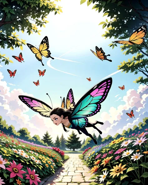 ((masterpiece), best quality, high quality, professional quality, highly detailed, highres, perfect lighting, natural lighting), group of fairies, butterfly wings, translucent wings, flying, magical garden