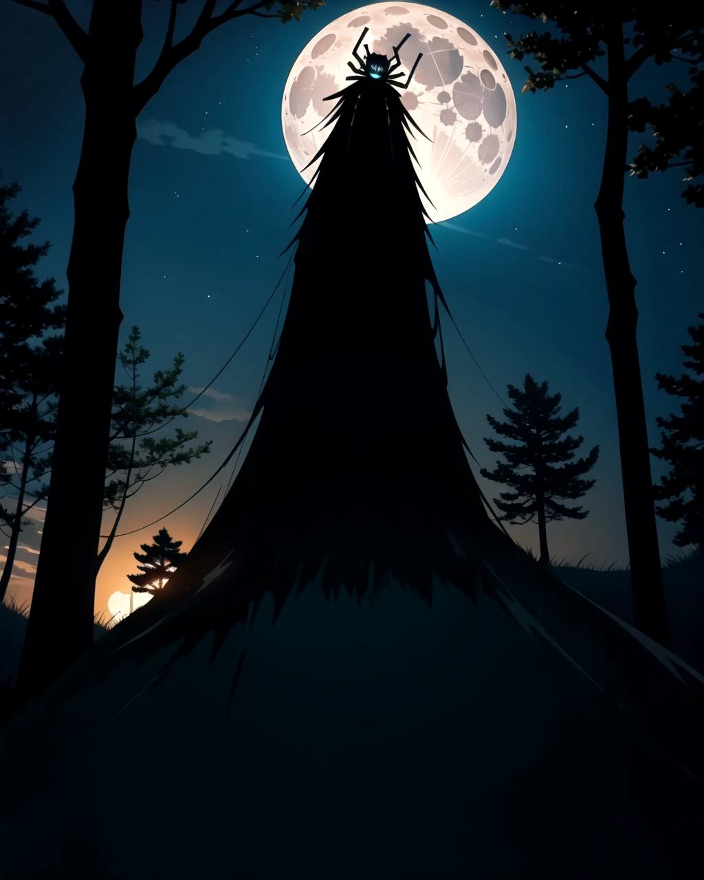 ((masterpiece), best quality, high quality, professional quality, highly detailed, highres, perfect lighting, natural lighting), giant spider, weaving web, between two trees, at night, moonlight, terrifying, horror theme