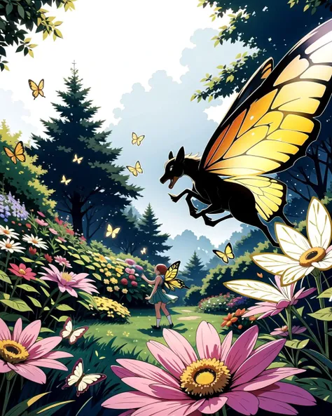 ((masterpiece), best quality, high quality, professional quality, highly detailed, highres, perfect lighting, natural lighting), group of fairies, butterfly wings, translucent wings, flying, magical garden