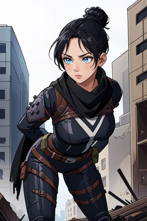 (masterpiece, best quality),  intricate details,
1girl,   <lora:wraith_(apex_legends):0.8> wraith (apex legends), single hair bun, hair bun, bodysuit, scarf, black bodysuit, holding, breasts, black hair, black scarf, large breasts, blue eyes, belt, brown belt, bangs, parted bangs, hair behind ear, gloves, nose piercing, black gloves, thigh strap,
ruined skyscraper, debris, post-apocalypse, arms behind back, leaning forward,