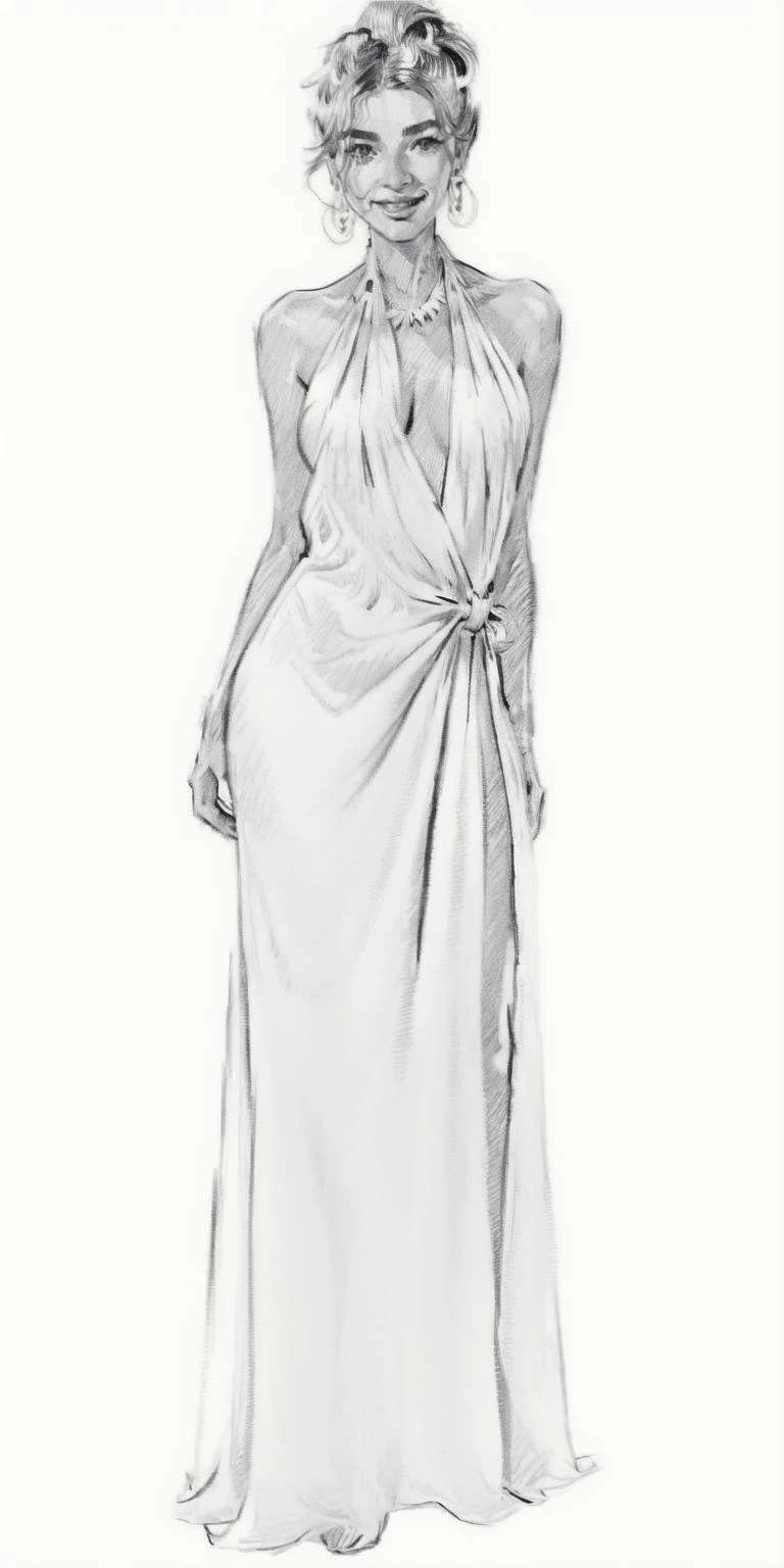 1girl,dynamic pose, action shot, mood lighting, from front, [[three quarter profile]], half length of  elegant j3nn1f3r8  standing at a cocktail party, looking at viewer, wearing a celadon floral print halter neck maxi dress, smile, upturned nipples,  tiny waist,  updo,  good posture, earrings, low hanging pendant necklace   <lora:j3nn1f3r8_v6-000005:1>  <lora:Bhuge_nipple:0.5> huge nipples  <lora:sideboobx:0.7> sideboob, white background, simple background, traditional media <lora:Drawing1:1> drawing, sketch