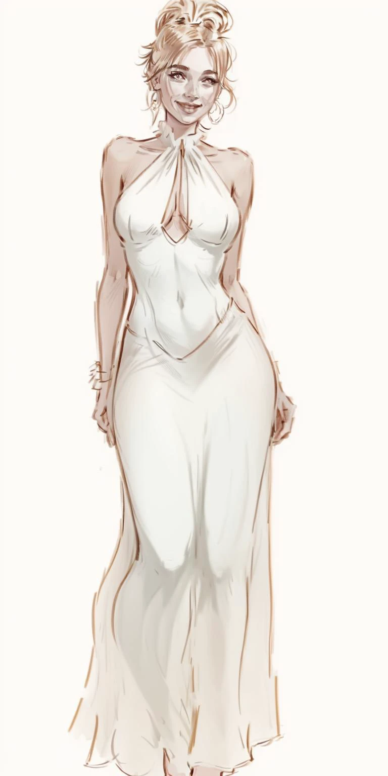 1girl,dynamic pose, action shot, mood lighting, from front, [[three quarter profile]], half length of  elegant j3nn1f3r8  standing at a cocktail party, looking at viewer, wearing a celadon floral print halter neck maxi dress, smile, upturned nipples,  tiny waist,  updo,  good posture, earrings, low hanging pendant necklace   <lora:j3nn1f3r8_v6-000005:1>  <lora:Bhuge_nipple:0.5> huge nipples  <lora:sideboobx:0.7> sideboob, white background, simple background, traditional media <lora:Drawing1:1> drawing, sketch