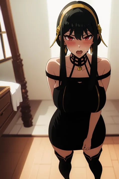 nsfw, (masterpiece, best quality, unity 8k wallpaper, highres, absurdres, background), depth of field, perfect lighting, cinematic shadows, BREAK
(super_perfect_good anatomy head face fingers arms hands limbs legs, slender, constricted waist), BREAK
(super_beautiful_detailed 1girl gigantic-long-sagging-breasts black_hair short_hair_with_long_locks sidelocks hair_ornament gold_hairband face nose open_mouth skin red_elongated_eyes gold_earrings:1.2), solo, ChopioYor, <lora:SpyxFamilyYor-v1-07:0.8>, BREAK
(super_beautiful_detailed outfit_3 necklace bare_shoulders black_dress rose_print two-sided_dress two-sides_fabric black_fingerless_gloves black_thigh_boots), angle poses scenery background wonderful_match_bedroom:1.2, cool, ahegao, blush, In heat, sweat