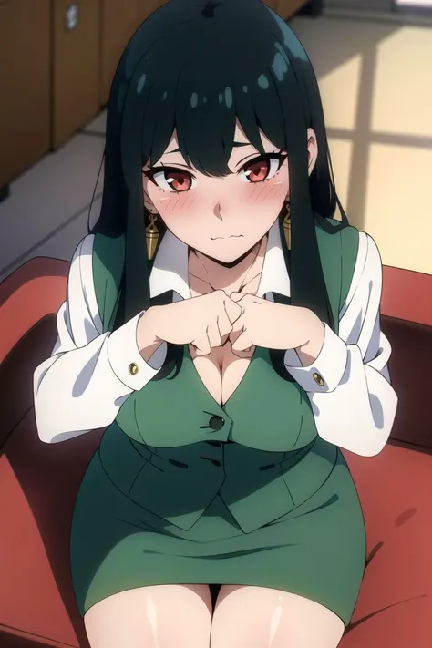 (masterpiece:1.2), (best quality:1.2), cowboy shot, view from above, 1girl, large breasts, fit and petite body, sitting on the red sofa, showing cleavage, (looking at viewer, blush, :3:1.25),
<lora:SpyxFamilyYor-v1:0.7>, ChopioYor, black hair, red eyes, gold earrings, outfit_1, office lady, collared shirt, white shirt, green vest, breast pocket, green skirt, pencil skirt,
in the office,