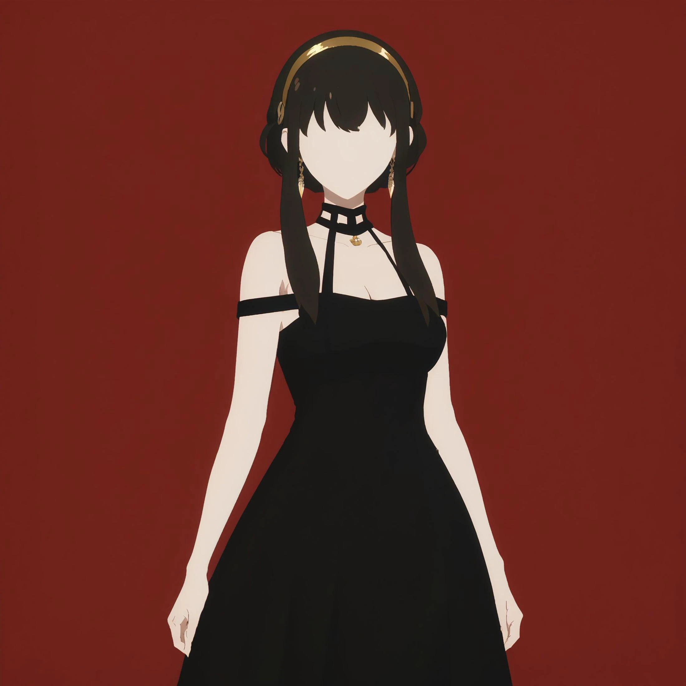 score_9, score_8_up, score_7_up, score_6_up, score_5_up, score_4_up, source_anime, 1girl, solo,
<lora:PonyMinimalStyle:1> Minimalstyle, simple red background, elegant, beautiful, (((faceless))) female
<lora:SpyxFamilyYorXL-v1-07:0.8> ChopioYor, black hair, gold earrings, looking at viewer, short hair with long locks, sidelocks, gold hairband, medium breasts, cleavage, (thick thighs:0.8), outfit_3, bare shoulders, black dress, two-sided dress, two-sides fabric, black fingerless gloves, black thigh boots, standing, contrapposto