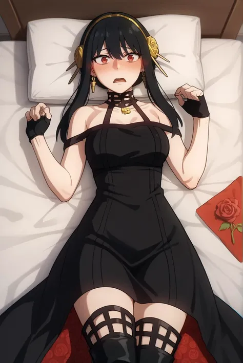 score_9, score_8_up, score_7_up, score_6_up, score_5_up, score_4_up, BREAK source_anime, 1girl, solo,
<lora:SpyxFamilyYorXL-v1-07:0.7>, ChopioYor, black hair, red eyes, gold earrings, looking at viewer,
short hair with long locks, sidelocks, hair ornament, gold hairband,
medium breasts, (thick thighs:0.8),
outfit_3, necklace, bare shoulders, black dress, rose print, two-sided dress, two-sides fabric, black fingerless gloves, black thigh boots,
bedroom, bed, bed sheet, pillow, on bed, on back, from above, shy, blush, embarrassed, open mouth,