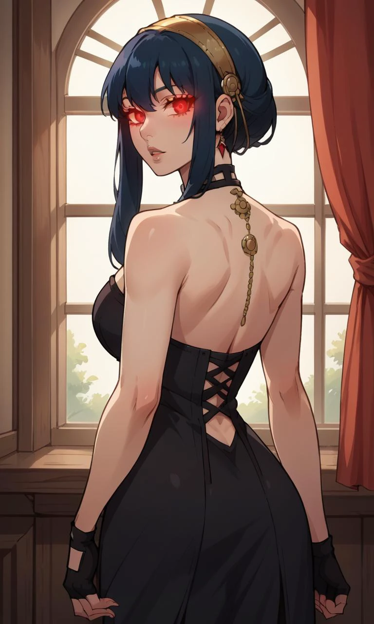 score_9, score_8_up, score_7_up, score_6_up,source_anime, BREAK masterpiece, <lora:YorXL-v1:0.7> outfit_3, necklace, bare shoulders, black dress, , two-sided dress, two-sides fabric, gold hairband, black fingerless gloves, , looking back, , breasts, from back, parted lips, red eyes, glowing eyes, night sky, red curtains, window, moonlight, looking at viewer, 1 girl