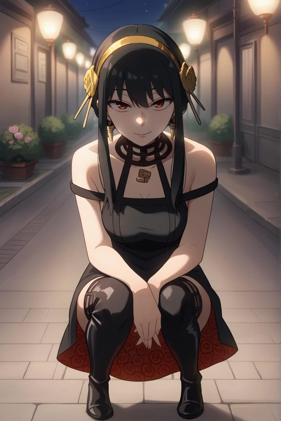 score_9, score_8_up, score_7_up, score_6_up, score_5_up, score_4_up, BREAK source_anime, 1girl, solo,
<lora:SpyxFamilyYorXL-v1-07:0.7>, ChopioYor, black hair, red eyes, gold earrings, looking at viewer,
short hair with long locks, sidelocks, hair ornament, gold hairband,
medium breasts, (thick thighs:0.8),
outfit_3, necklace, bare shoulders, black dress, rose print, two-sided dress, two-sides fabric, black fingerless gloves, black thigh boots,
outdoors, night, dark, akihabara \(tokyo\), lamppost, seductive smile, squatting, legs together,