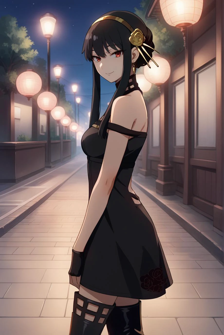 score_9, score_8_up, score_7_up, score_6_up, score_5_up, score_4_up, BREAK source_anime, 1girl, solo,
<lora:SpyxFamilyYorXL-v1-07:0.7>, ChopioYor, black hair, red eyes, gold earrings, looking at viewer,
short hair with long locks, sidelocks, hair ornament, gold hairband,
medium breasts, (thick thighs:0.8),
outfit_3, necklace, bare shoulders, black dress, rose print, two-sided dress, two-sides fabric, black fingerless gloves, black thigh boots,
outdoors, night, dark, akihabara \(tokyo\), lamppost, seductive smile, standing, from side, legs together,( glowing eyes:0.5), contrapposto,