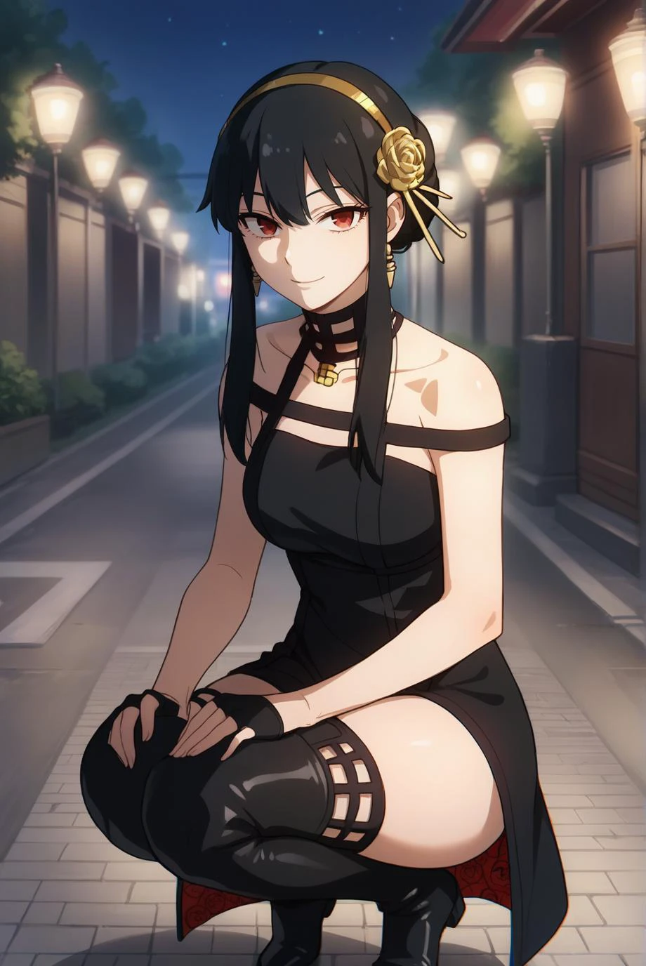 score_9, score_8_up, score_7_up, score_6_up, score_5_up, score_4_up, BREAK source_anime, 1girl, solo,
<lora:SpyxFamilyYorXL-v1-07:0.7>, ChopioYor, black hair, red eyes, gold earrings, looking at viewer,
short hair with long locks, sidelocks, hair ornament, gold hairband,
medium breasts, (thick thighs:0.8),
outfit_3, necklace, bare shoulders, black dress, rose print, two-sided dress, two-sides fabric, black fingerless gloves, black thigh boots,
outdoors, night, dark, akihabara \(tokyo\), lamppost, seductive smile, squatting, legs together,