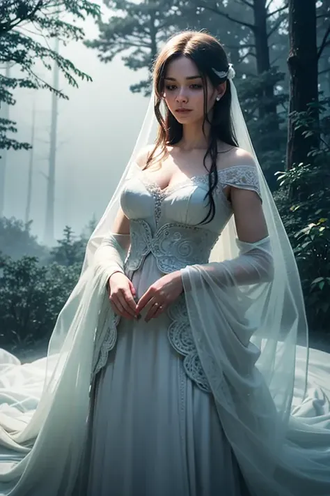 A hauntingly beautiful forest scene, with misty tendrils of fog creeping through the trees. A lone figure stands in the center of the clearing, dressed in a flowing white gown and surrounded by a soft aura of light. The figure's face is detailed and photorealistic, conveying a sense of serenity and peace.