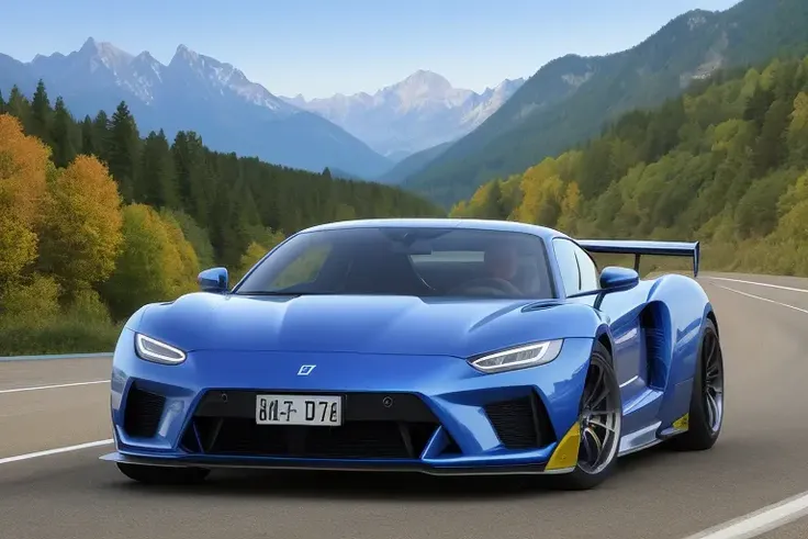 a photo taken of the front of a super-car drifting on a road near mountains at high speeds with smokes coming off the tires, front angle, front point of view, trees in the mountains of the background, ((sharp focus))