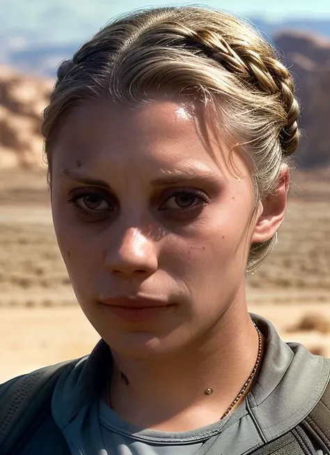 portrait of skswoman, sadness , wearing beachwear , with titian Updo , background desert epic (photo, studio lighting, hard light, sony a7, 50 mm, matte skin, pores, colors, hyperdetailed, hyperrealistic), <lyco:Katee Sackhoff (Starbuck):1.1>