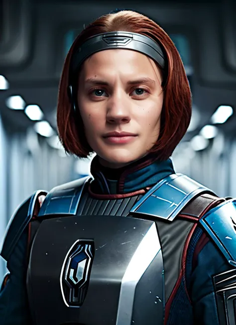 a close up of a woman in a futuristic suit with a helmet on