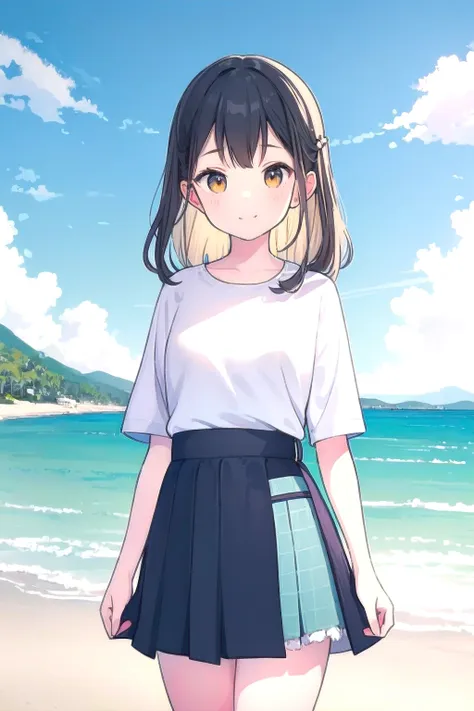 (illustration, masterpiece, best quality), (one cute girl) (solo:1.4), the background is (beach), the girl wearing change skirt, <lora:change_skirt6:1:wear>