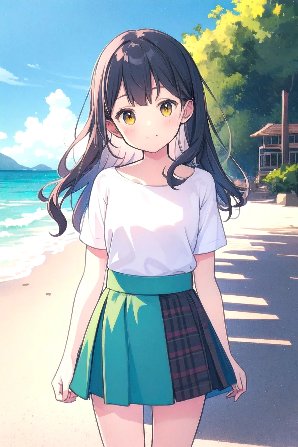 (illustration, masterpiece, best quality), (one cute girl) (solo:1.4), the background is (beach), the girl wearing change skirt, <lora:change_skirt6:1:wear>