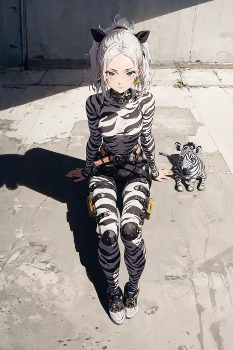 Anime, zebra print city street, Arte Povera, flyweight Burundian (Girl:1.3) , the Girl is very Sturdy and Affectionate, Meditating, the Girl has Anxious eyes, masterpiece, she has Platinum hair, Disruptive Belts, Earring and Mechanical Body Parts, Bathed in shadows