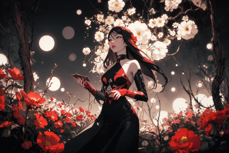 abstract art designed by Dmitry Vishnevsky, vibrant art, Raw digital photo, mundane Cosplay Photograph, flowers, surreal, (Female Magician:1.2) , Gorgeous, Clear skies, Graphic novel, Cloisonnism, Warm lighting, bokeh, Kodak Tri-X 400, F/2.8, Mono Color