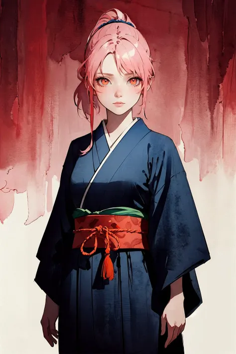 (masterpiece, detailed, best quality), watercolor, brushstrokes, sketch, 1girl, japanese_clothes, detailed orange_eyes, ponytail, pink_hair, cowboy_shot, in a surreal landscape, lighting, shadows, fractal_art, horror_art, by Antonio J. Manzanedo, by Jeremy Lipking