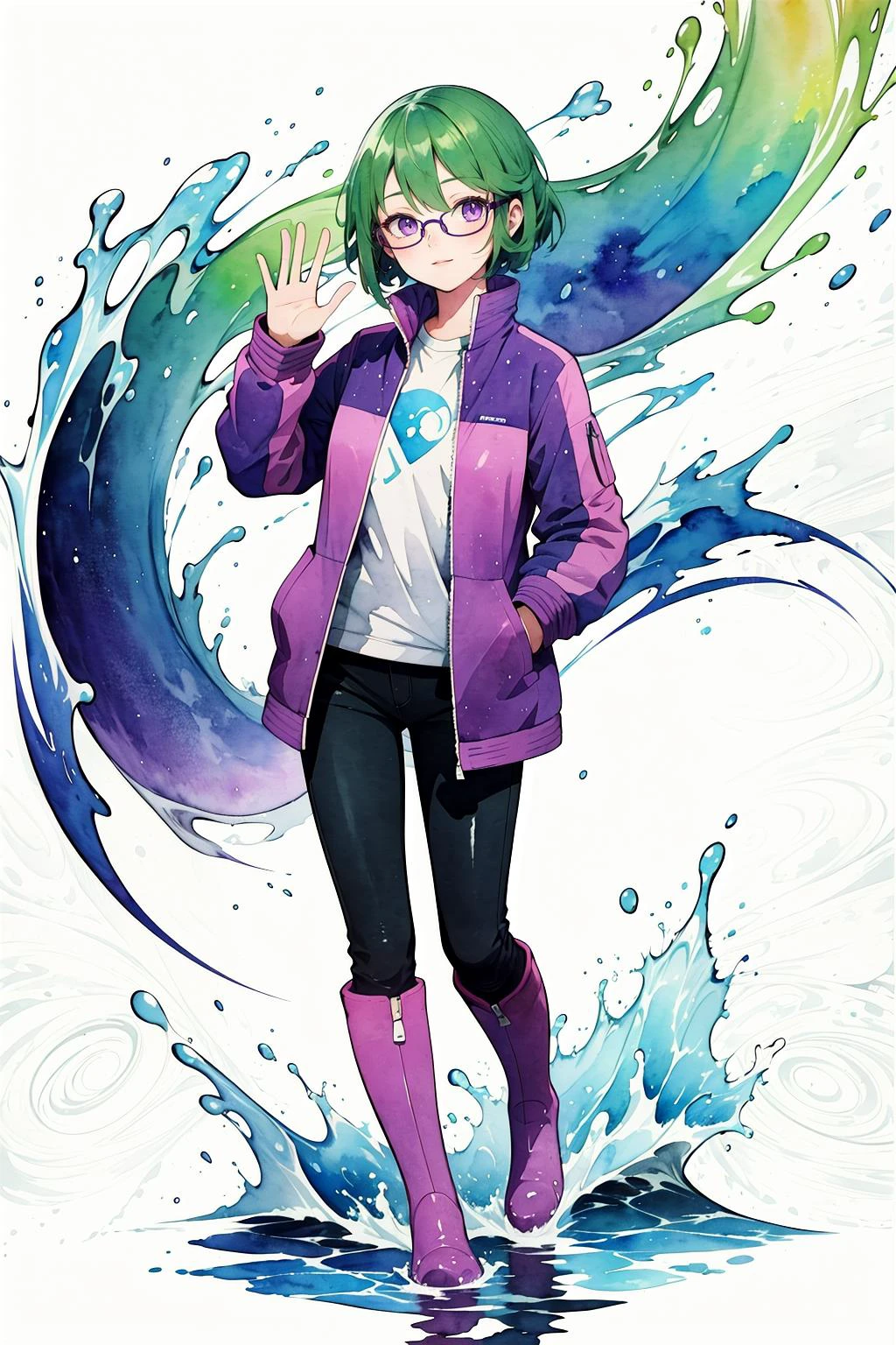 (masterpiece, detailed, best quality), watercolor, 1girl, nice hands, perfect hands, green hair, hime cut, purple eyes, glasses, gloves, breeches, gumboots, jaket, full body, tsunami, water, abstract, open hand, waving, hand in pocket,