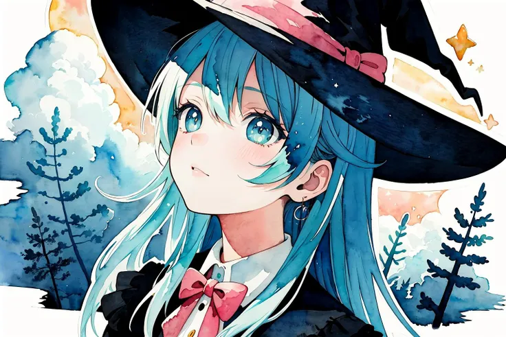 (masterpiece, detailed, best quality, watercolor, brushstroke), outline, 1girl, ear, aqua eyes, hair, pupils, witch hat, cowboy shot, watercolor, outlines,lighting, dead pines, horror, clouds, starry sky, looking up
